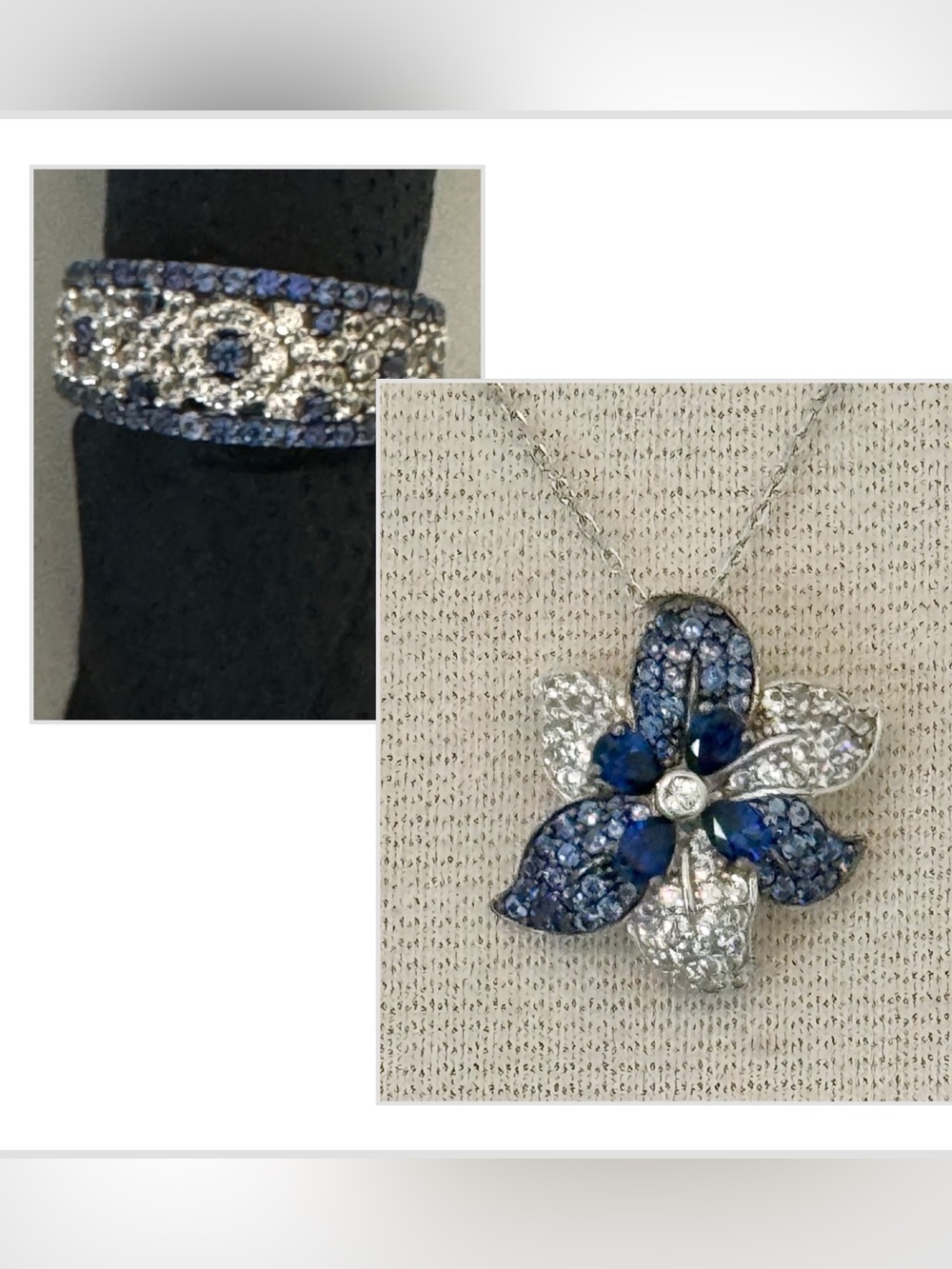 Suzy Levian Sapphire Diamond Accent in Sterling Silver Flower Pendant and ring